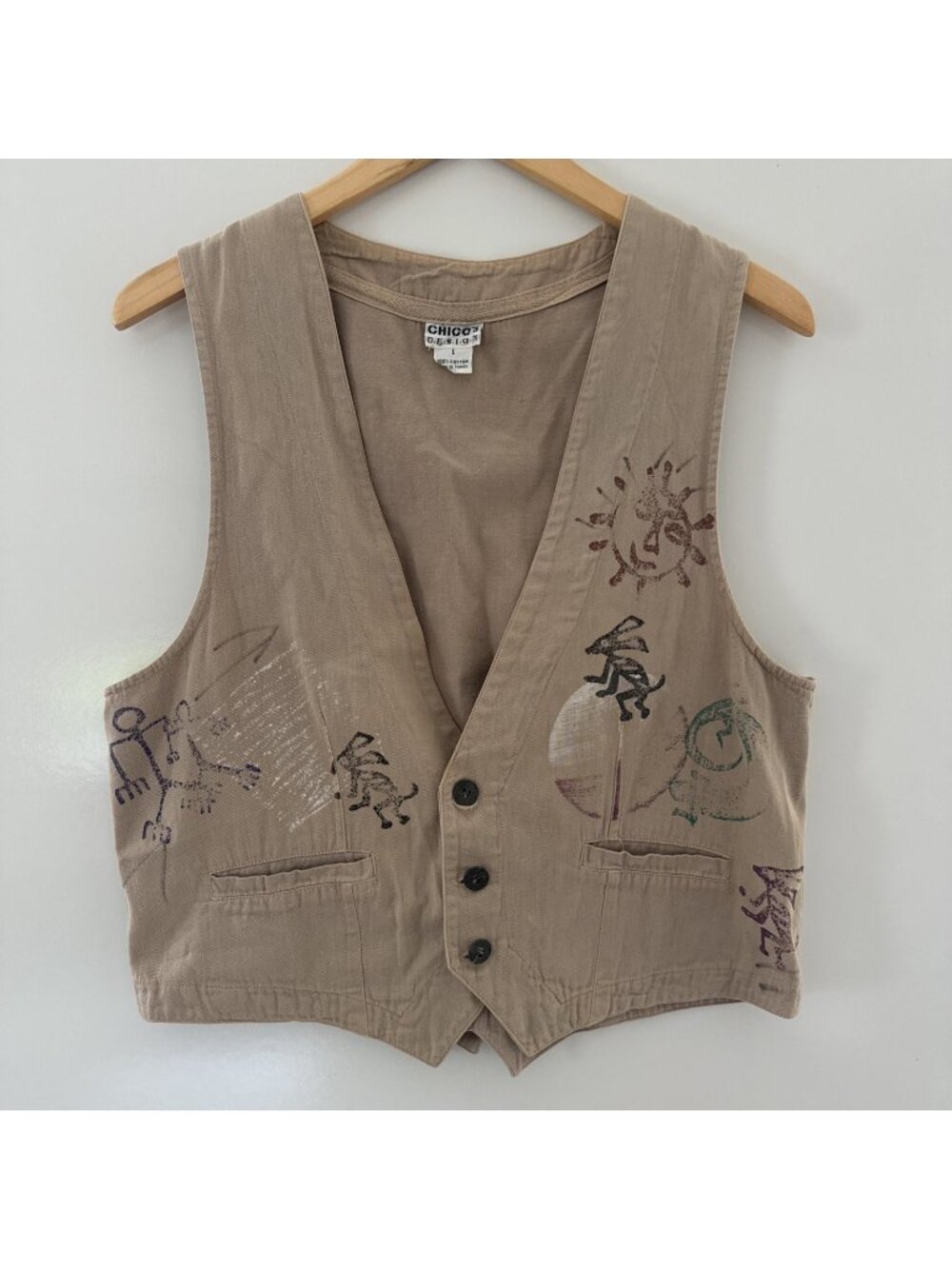 Chicos Womens Aztec Sleeveless Open Front Vest Size 1 Medium Tan Pockets